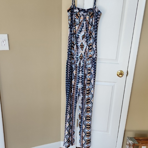 Beach Inc Pants - Beach Inc, Blue and Orange Patterned Onepiece Full Length Jumpsuit